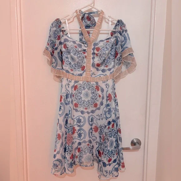 Bebe White and Blue Off-Shoulder Flutter Sleeve Mini Dress - Picture 3 of 5